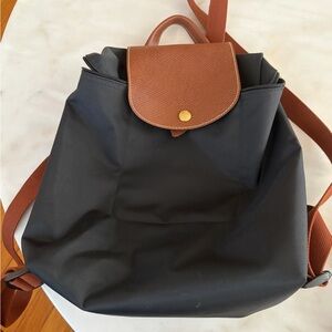 Longchamp Black Nylon Backpack with Brown Trim